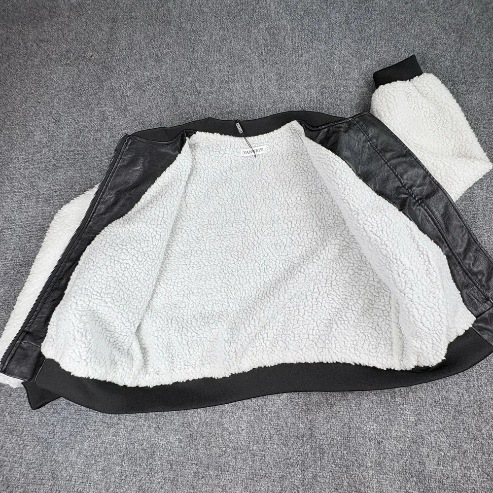 Zaful Yanweiyi‎ Jacket Women M Black White Faux Leather Sherpa Bomber Y2K Baddie - Picture 10 of 13